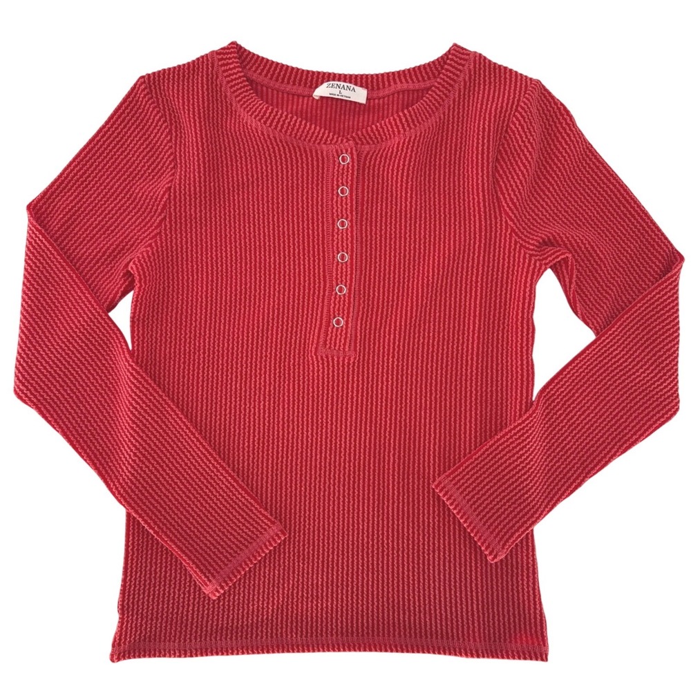 Zenana‎ Ribbed Long Sleeve Henley Top Women Size L Red Casual Classic